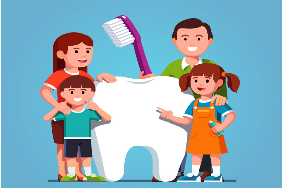 cartoon family of four stands around a tooth with a toothbrush to fight cavities